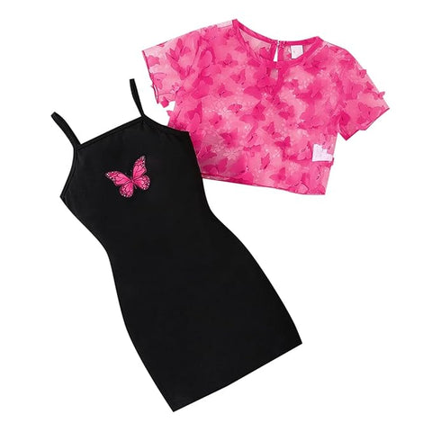 Girls Cotton Knit 2 Piece Butterfly Print Spaghetti Strap Dress with Matching Shrug Top