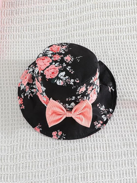 Girls Halter Neck Top with Floral Layered Skirt and Bow Hat Party Dress