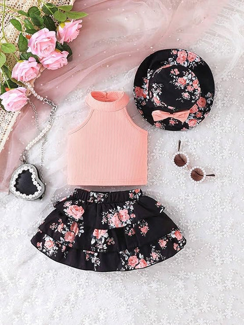 Girls Halter Neck Top with Floral Layered Skirt and Bow Hat Party Dress