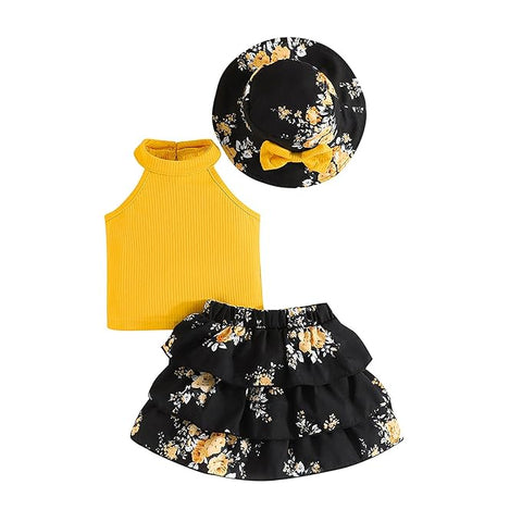 Girls Halter Neck Top with Floral Layered Skirt and Bow Hat Party Dress