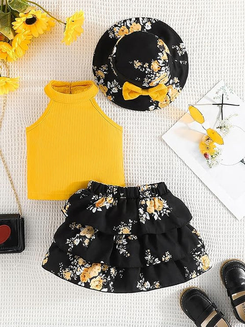 Girls Halter Neck Top with Floral Layered Skirt and Bow Hat Party Dress