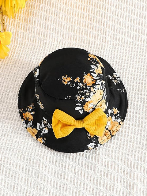 Girls Halter Neck Top with Floral Layered Skirt and Bow Hat Party Dress