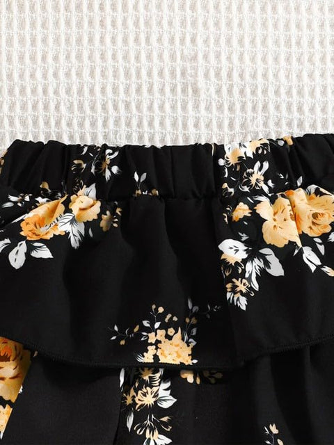 Girls Halter Neck Top with Floral Layered Skirt and Bow Hat Party Dress