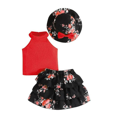 Girls Halter Neck Top with Floral Layered Skirt and Bow Hat Party Dress