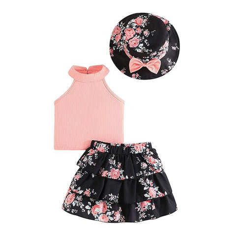 Girls Halter Neck Top with Floral Layered Skirt and Bow Hat Party Dress