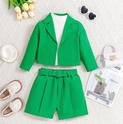 Girls 3 Piece Party Outfit Sleeveless White Top with Blazer, Shorts Set