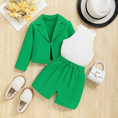 Girls 3 Piece Party Outfit Sleeveless White Top with Blazer, Shorts Set