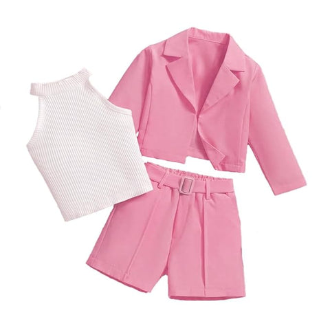 Girls 3 Piece Party Outfit Sleeveless White Top with Blazer, Shorts Set