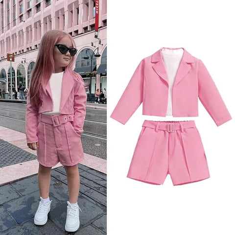 Girls 3 Piece Party Outfit Sleeveless White Top with Blazer, Shorts Set