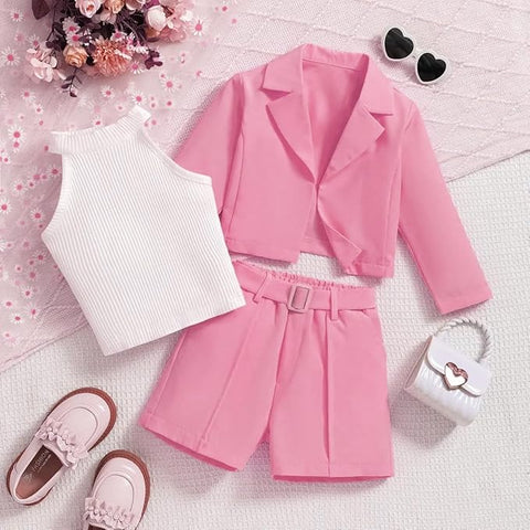 Girls 3 Piece Party Outfit Sleeveless White Top with Blazer, Shorts Set