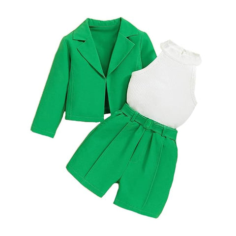 Girls 3 Piece Party Outfit Sleeveless White Top with Blazer, Shorts Set