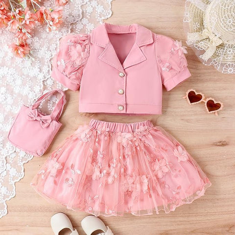 Girls Embellished Floral Crop Top with Tulle Tutu Skirt Party Midi Dress
