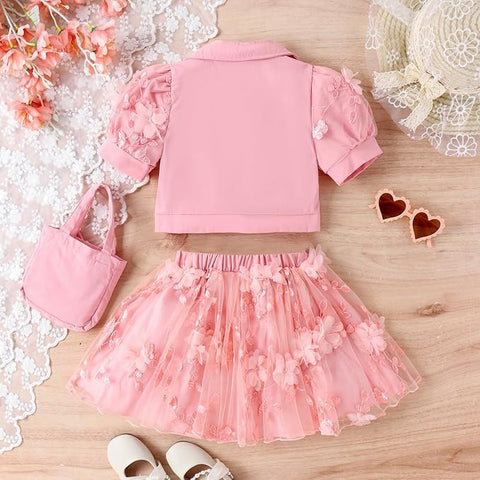 Girls Embellished Floral Crop Top with Tulle Tutu Skirt Party Midi Dress