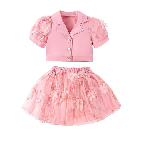 Girls Embellished Floral Crop Top with Tulle Tutu Skirt Party Midi Dress