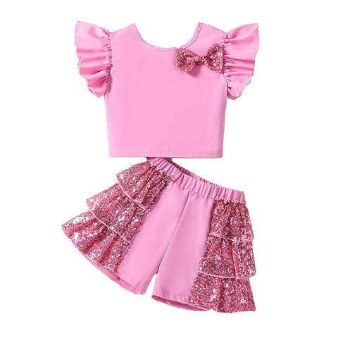 Girls Sequin Dress Ruffle Sleeve Top with Glittery Bow and Layered Shorts