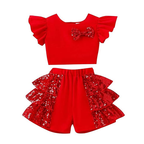 Girls Sequin Dress Ruffle Sleeve Top with Glittery Bow and Layered Shorts