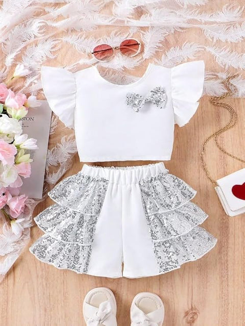 Girls Sequin Dress Ruffle Sleeve Top with Glittery Bow and Layered Shorts