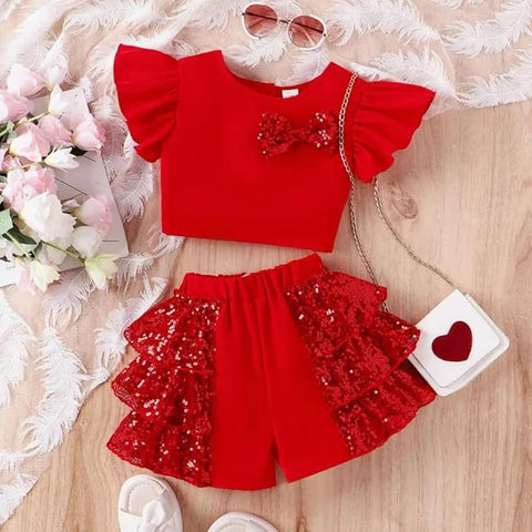 Girls Sequin Dress Ruffle Sleeve Top with Glittery Bow and Layered Shorts