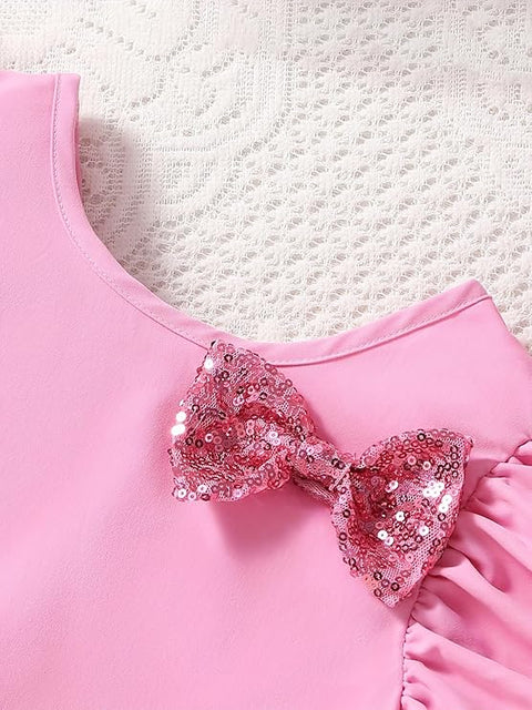 Girls Sequin Dress Ruffle Sleeve Top with Glittery Bow and Layered Shorts