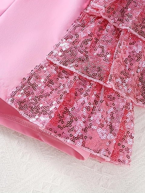 Girls Sequin Dress Ruffle Sleeve Top with Glittery Bow and Layered Shorts