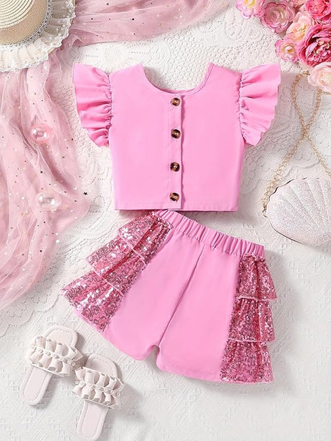 Girls Sequin Dress Ruffle Sleeve Top with Glittery Bow and Layered Shorts