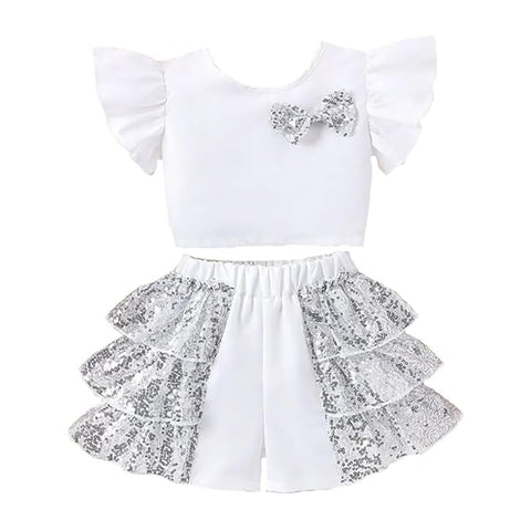 Girls Sequin Dress Ruffle Sleeve Top with Glittery Bow and Layered Shorts