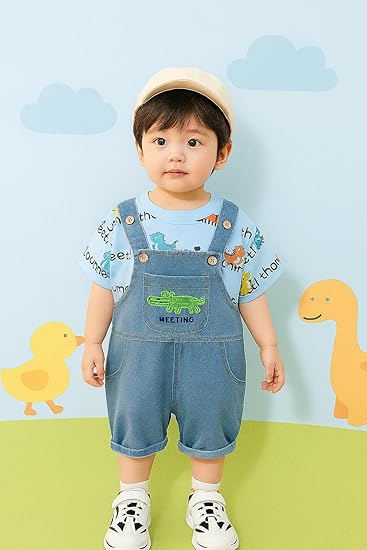 Kids Dinosaur Print T-Shirt and Denim Dungaree Shorts Set