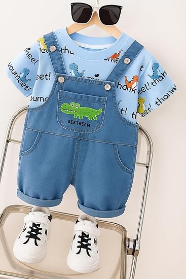 Kids Dinosaur Print T-Shirt and Denim Dungaree Shorts Set