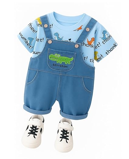 Kids Dinosaur Print T-Shirt and Denim Dungaree Shorts Set