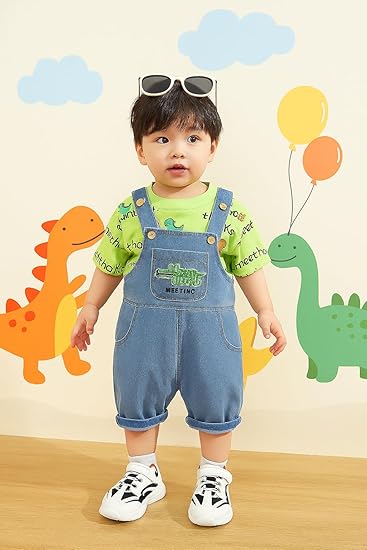 Kids Dinosaur Print T-Shirt and Denim Dungaree Shorts Set