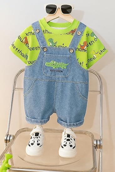 Kids Dinosaur Print T-Shirt and Denim Dungaree Shorts Set