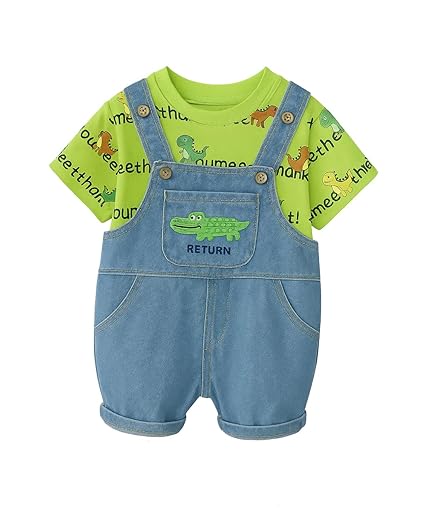 Kids Dinosaur Print T-Shirt and Denim Dungaree Shorts Set