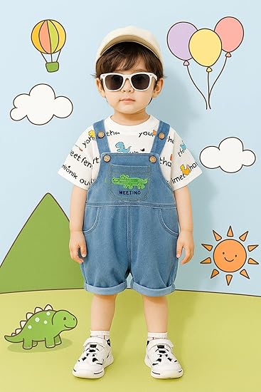Kids Dinosaur Print T-Shirt and Denim Dungaree Shorts Set