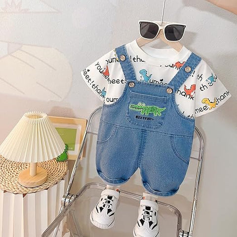 Kids Dinosaur Print T-Shirt and Denim Dungaree Shorts Set