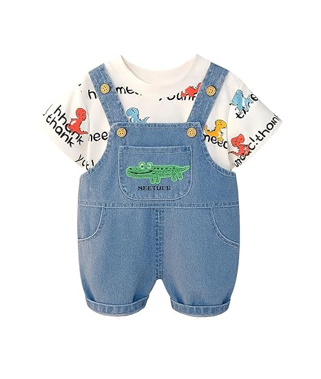 Kids Dinosaur Print T-Shirt and Denim Dungaree Shorts Set