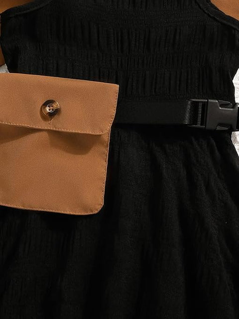 Girls Crop Jacket and Georgette Dress With Detachable Flap Pocket & Waist Belt