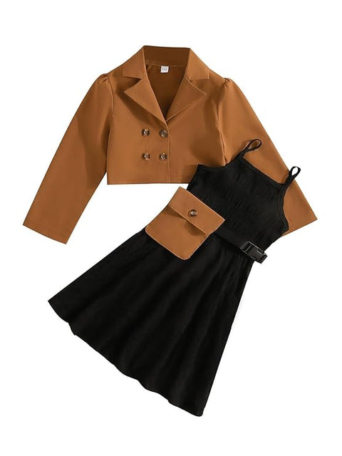 Girls Crop Jacket and Georgette Dress With Detachable Flap Pocket & Waist Belt