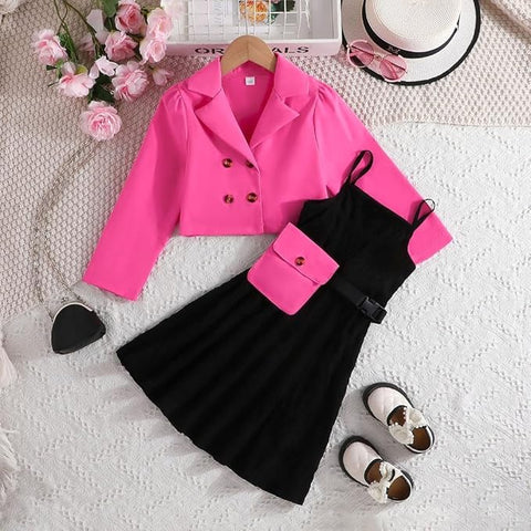 Girls Crop Jacket and Georgette Dress With Detachable Flap Pocket & Waist Belt