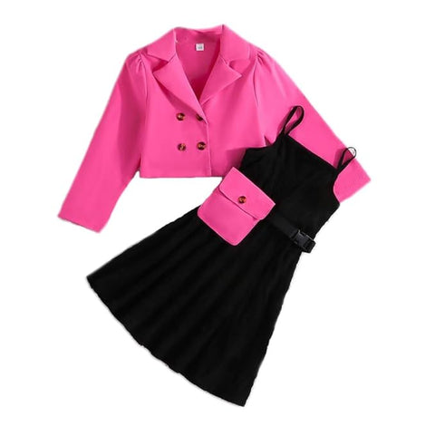 Girls Crop Jacket and Georgette Dress With Detachable Flap Pocket & Waist Belt