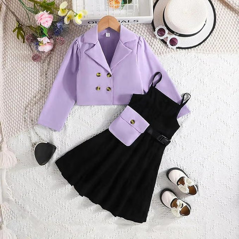 Girls Crop Jacket and Georgette Dress With Detachable Flap Pocket & Waist Belt