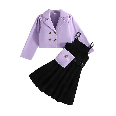 Girls Crop Jacket and Georgette Dress With Detachable Flap Pocket & Waist Belt