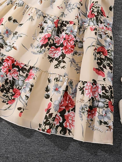 Girls Viscose Blend Smocking Tiered Dress Floral Midi Dress with Shrug