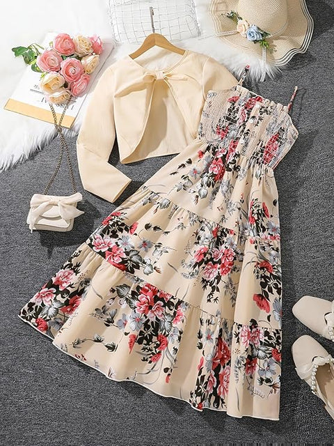 Girls Viscose Blend Smocking Tiered Dress Floral Midi Dress with Shrug