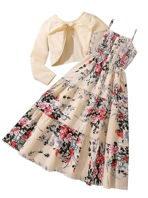 Girls Viscose Blend Smocking Tiered Dress Floral Midi Dress with Shrug