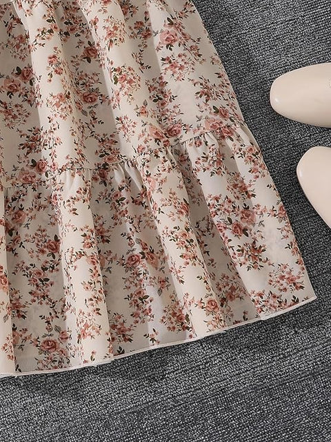 Girls Viscose Blend Smocking Tiered Dress Floral Midi Dress with Shrug