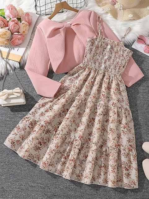 Girls Viscose Blend Smocking Tiered Dress Floral Midi Dress with Shrug