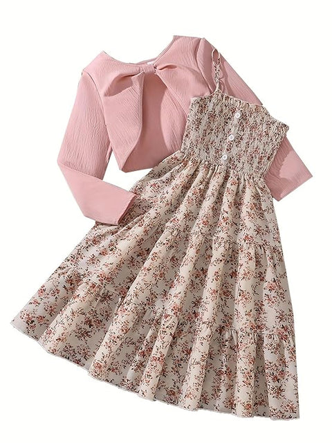 Girls Viscose Blend Smocking Tiered Dress Floral Midi Dress with Shrug