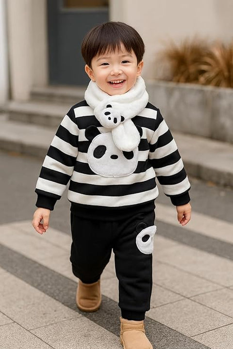 Kids Fleece Lined Panda Print Winter Sweatshirt, Joggers & Muffler Set