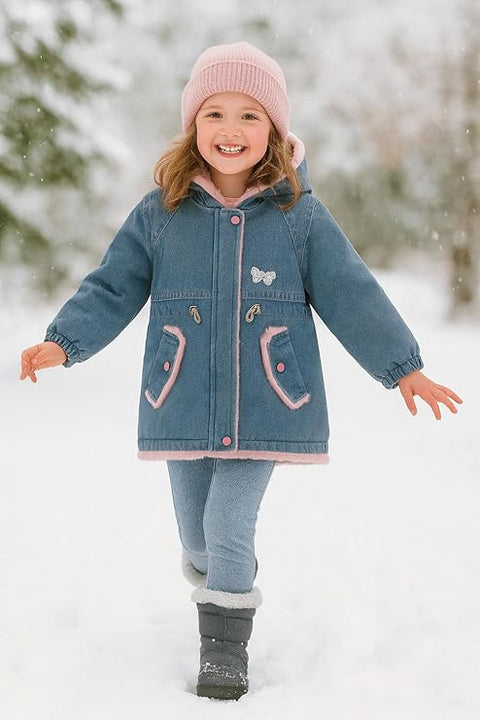 Girls Winter  Fur-Lined Hooded Denim Jacket