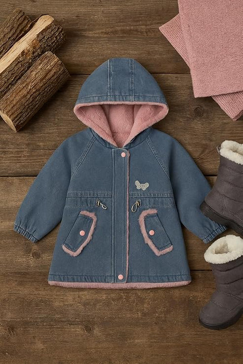 Girls Winter  Fur-Lined Hooded Denim Jacket